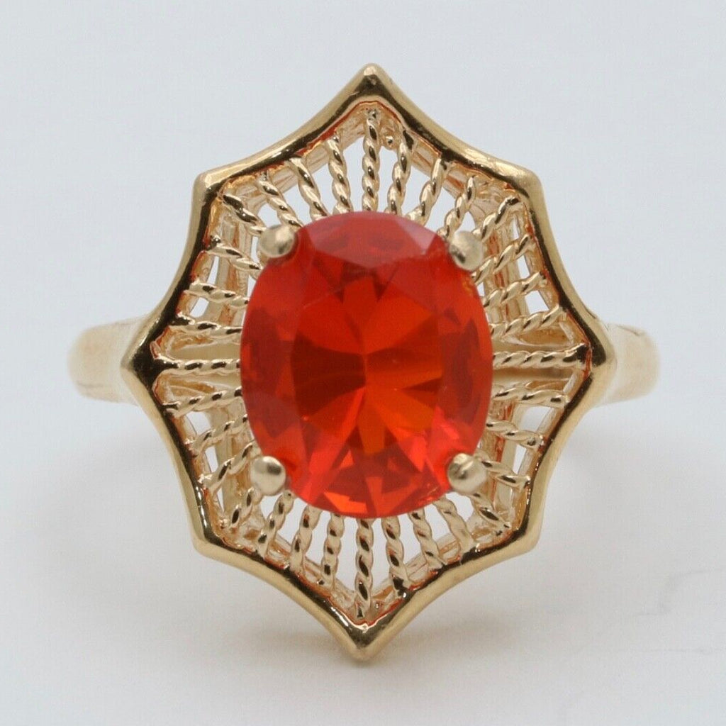 Vintage Mexican Fire Opal Filagree 14K Yellow Gold Ring