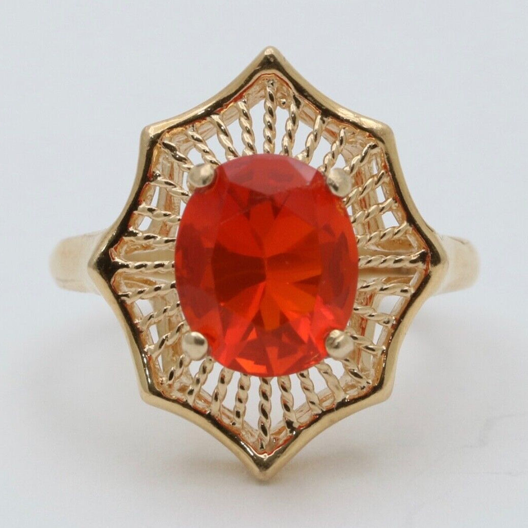 Vintage Mexican Fire Opal Filagree 14K Yellow Gold Ring