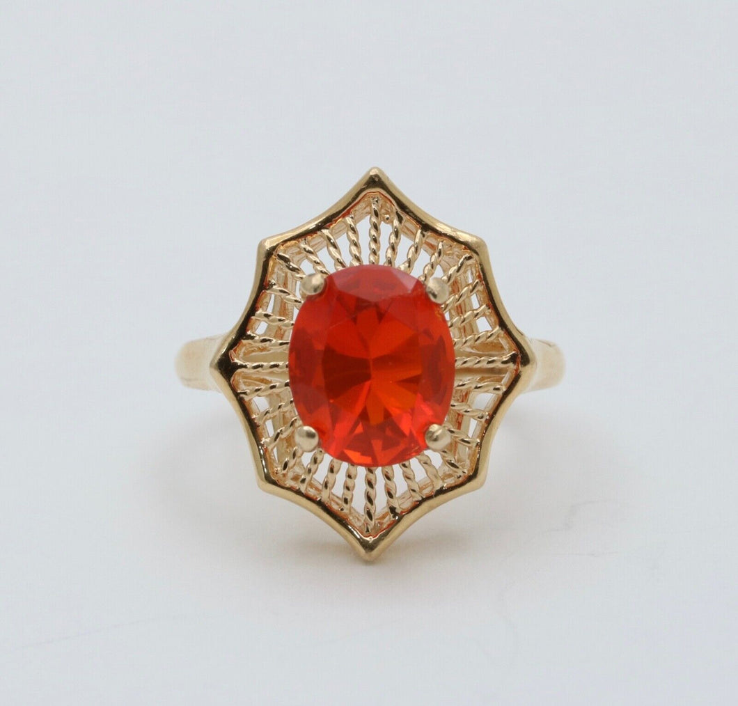 Vintage Mexican Fire Opal Filagree 14K Yellow Gold Ring