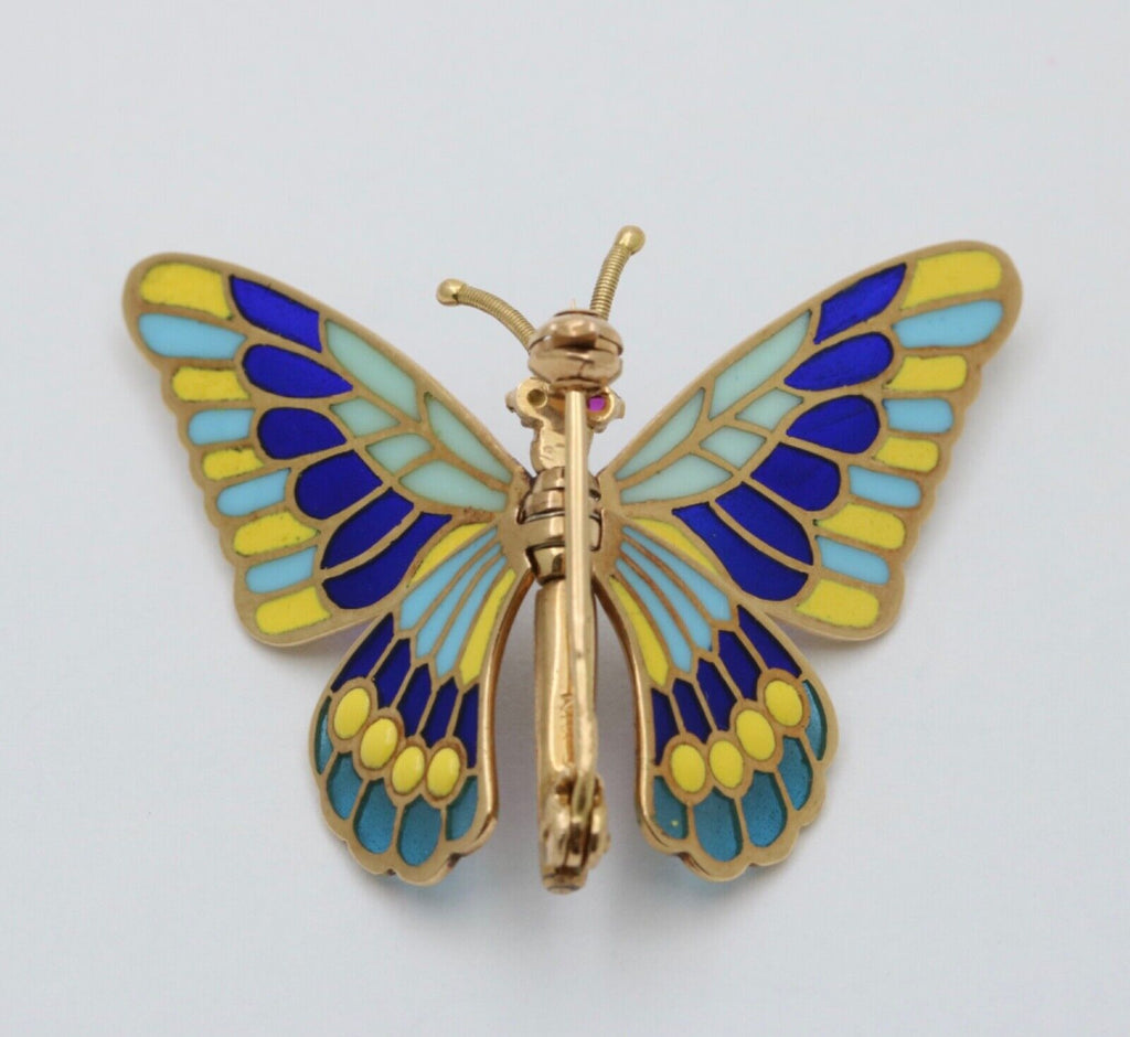Vintage 18K Yellow Gold Plique A Jour Enamel Butterfly Brooch