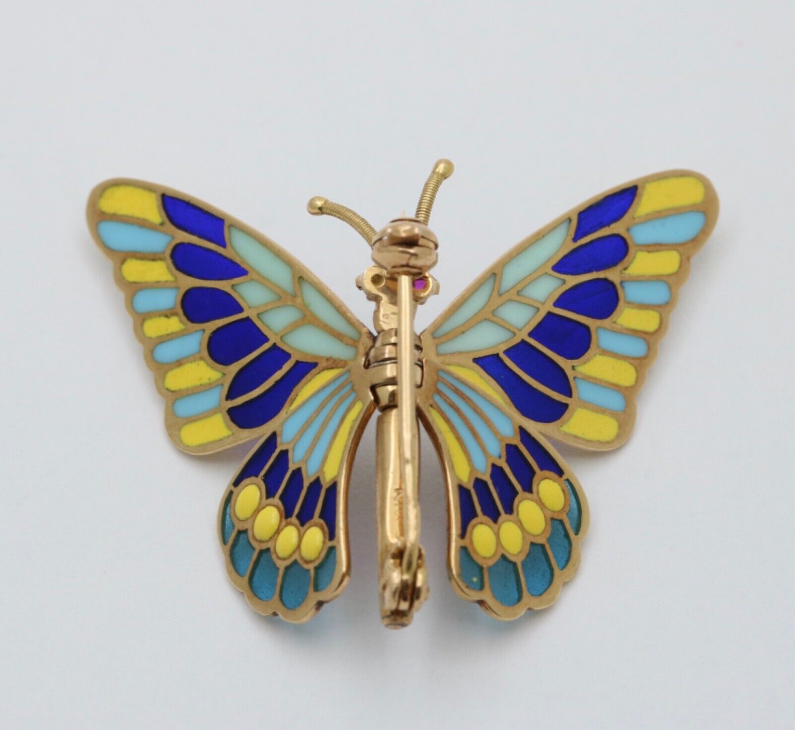 Vintage 18K Yellow Gold Plique A Jour Enamel Butterfly Brooch