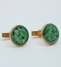 Load image into Gallery viewer, Vintage 14K Yellow Gold Carved Flower Jade Cuffliks
