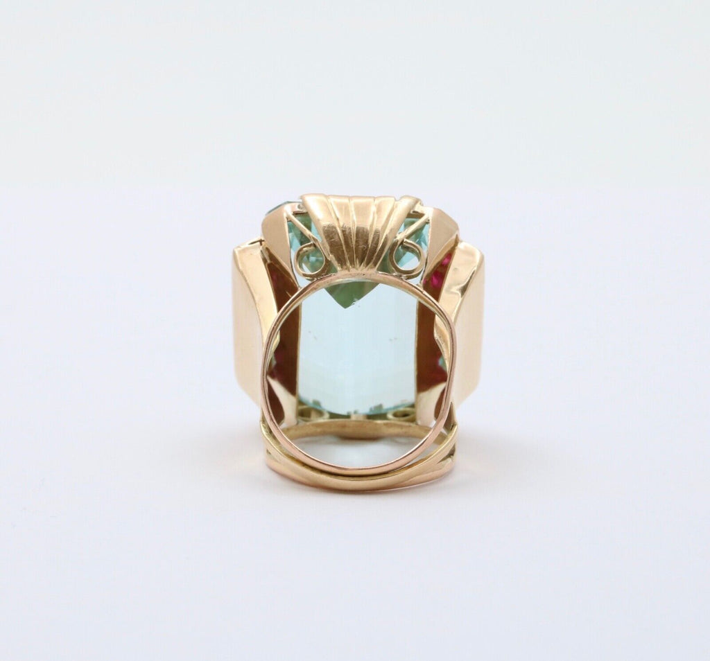 Vintage Retro 14K Yellow Gold Large Aquamarine & Ruby Ring