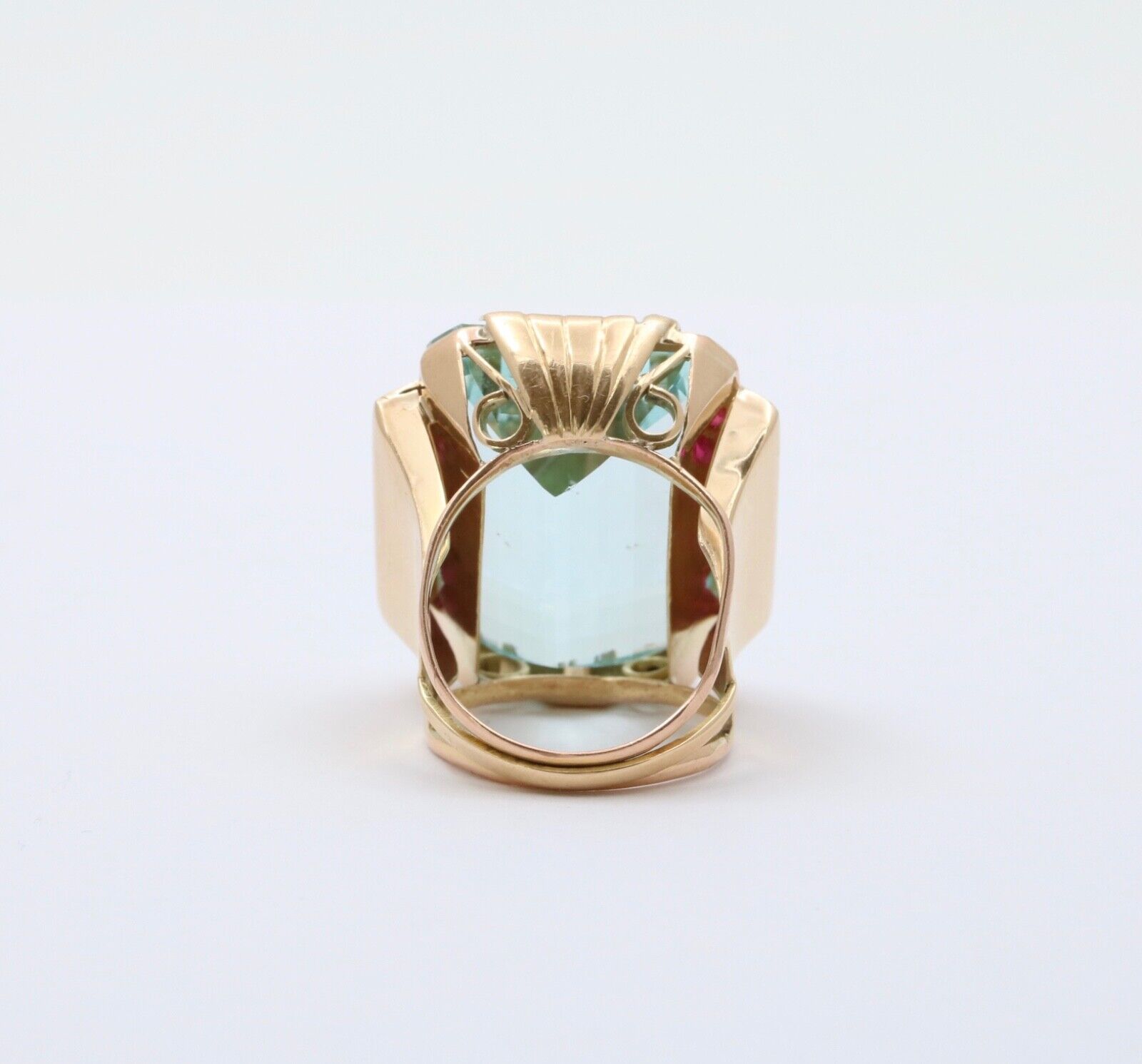 Vintage Retro 14K Yellow Gold Large Aquamarine & Ruby Ring