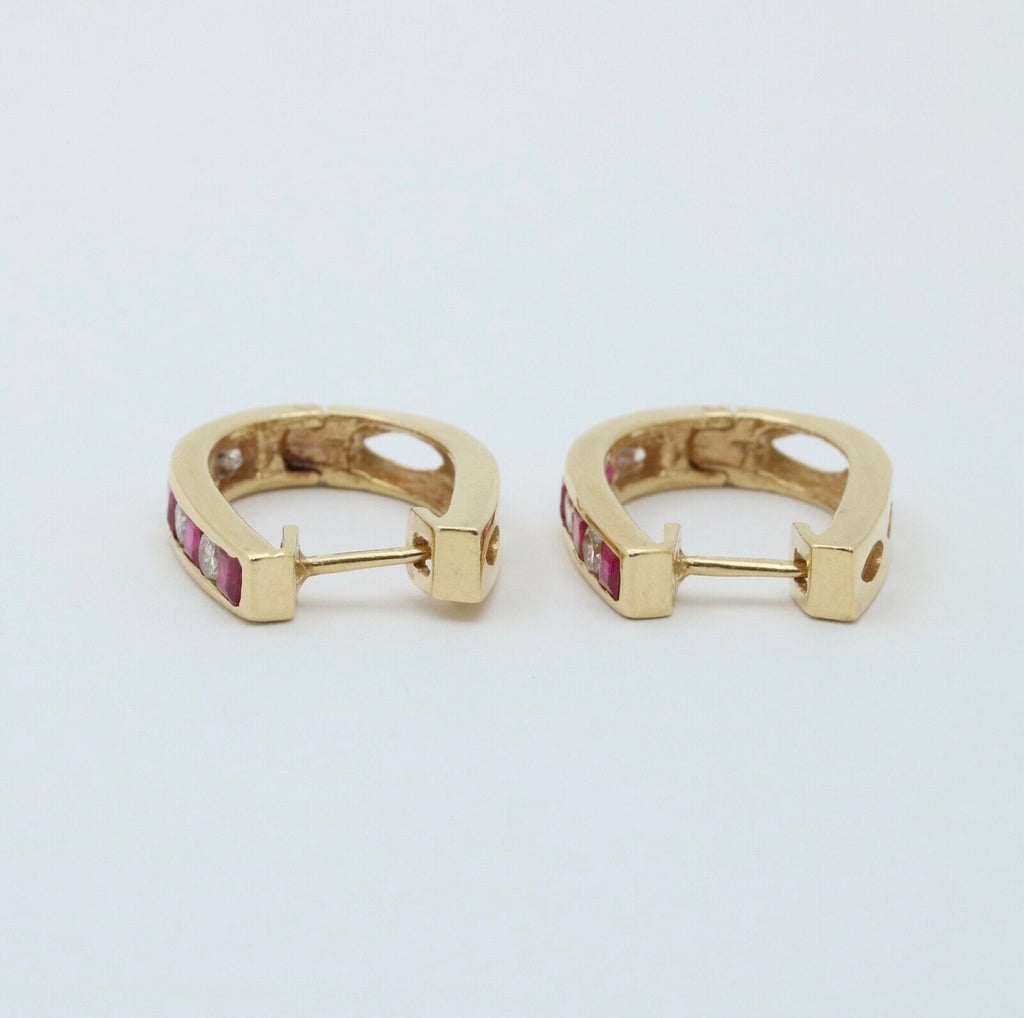 Vintage 14K Yellow Gold Ruby And Diamond Huggies Earrings