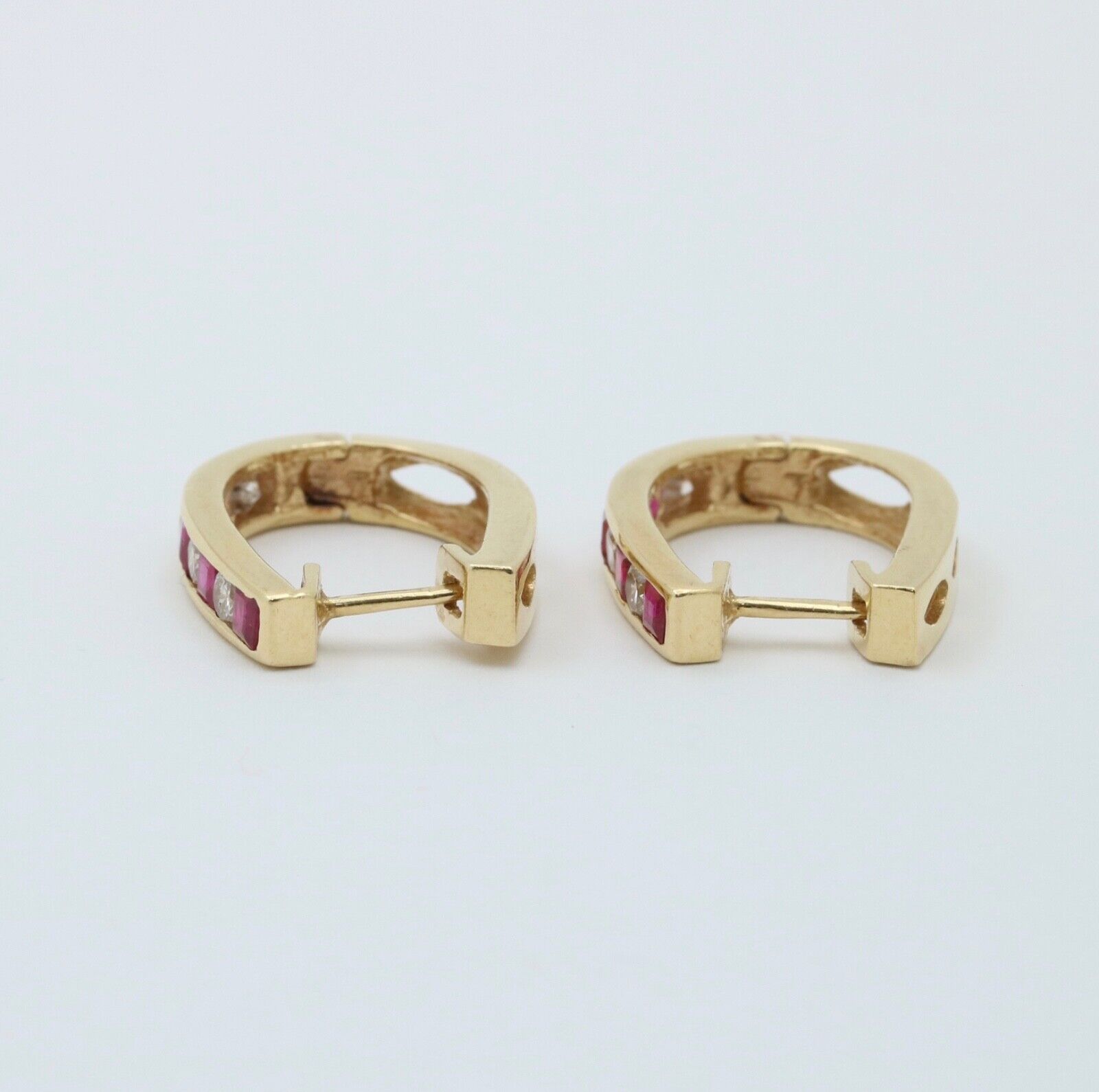 Vintage 14K Yellow Gold Ruby And Diamond Huggies Earrings