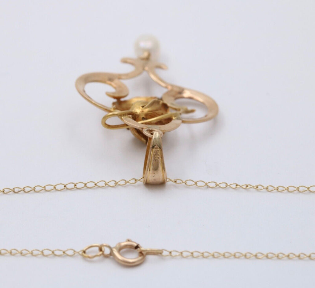 Art Nouveau 10K Yellow Gold Acorn Pearl Pendant Necklace