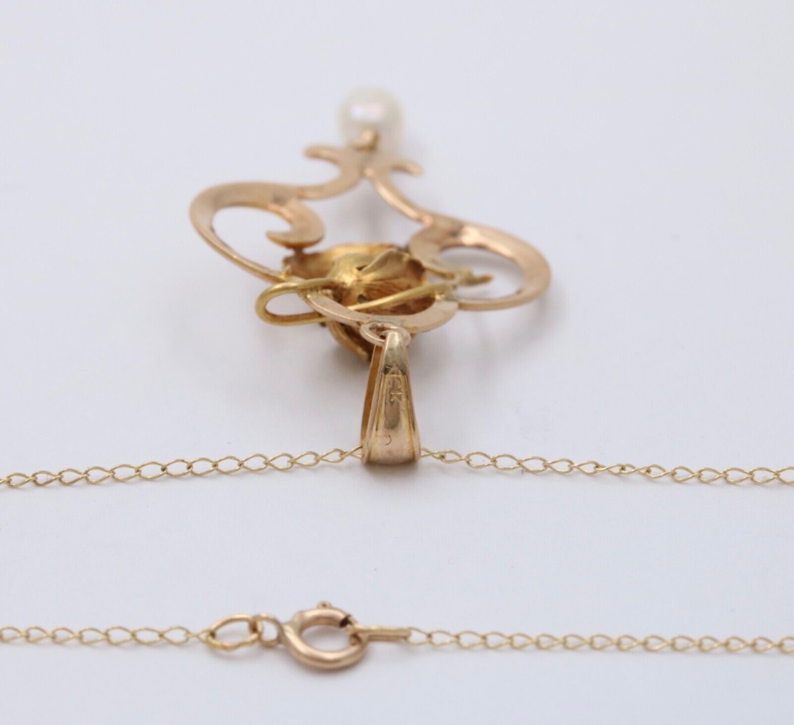 Art Nouveau 10K Yellow Gold Acorn Pearl Pendant Necklace
