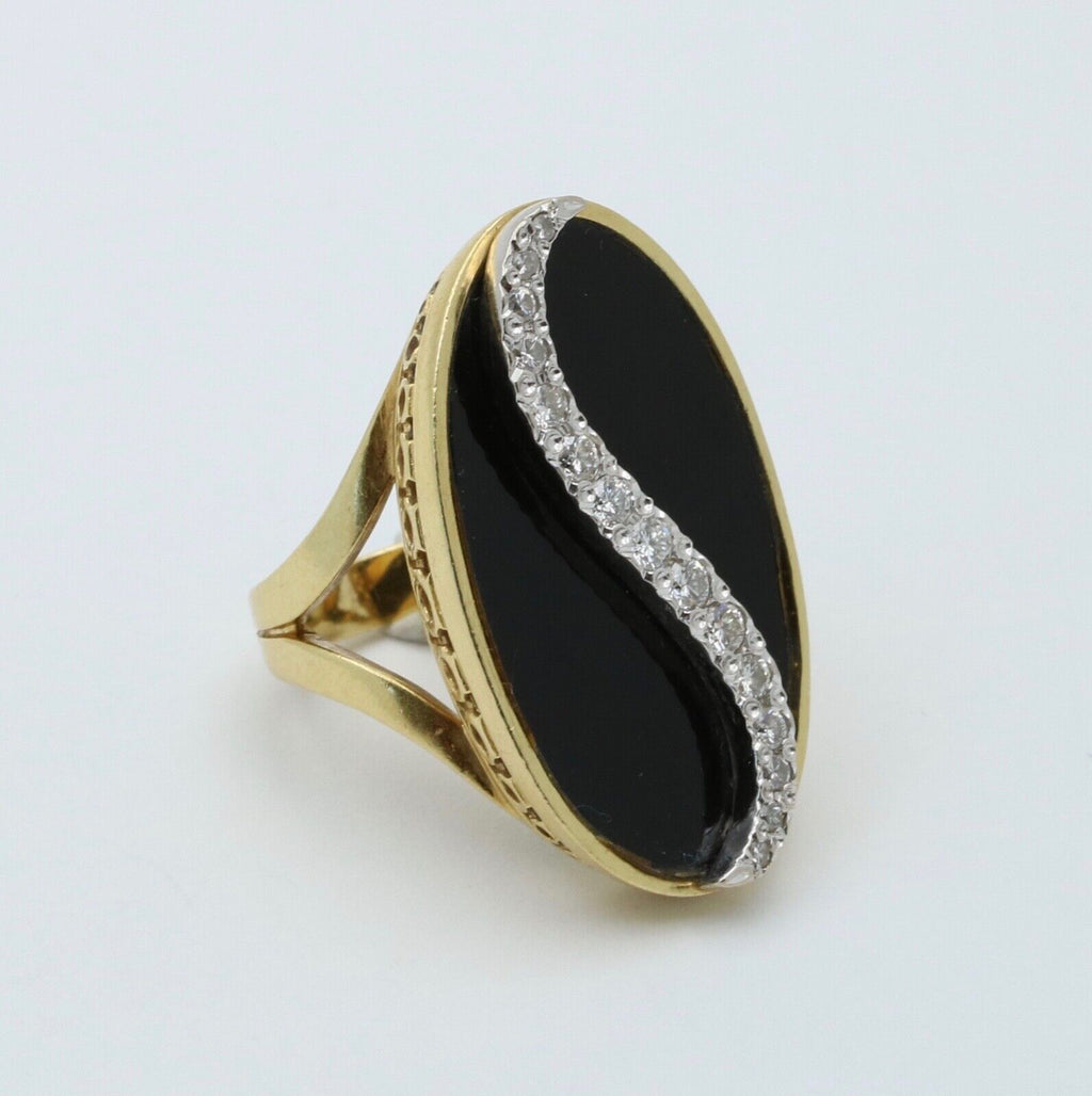 Vintage Statement Diamonds Black Onyx 18K Yellow and White Gold Ring