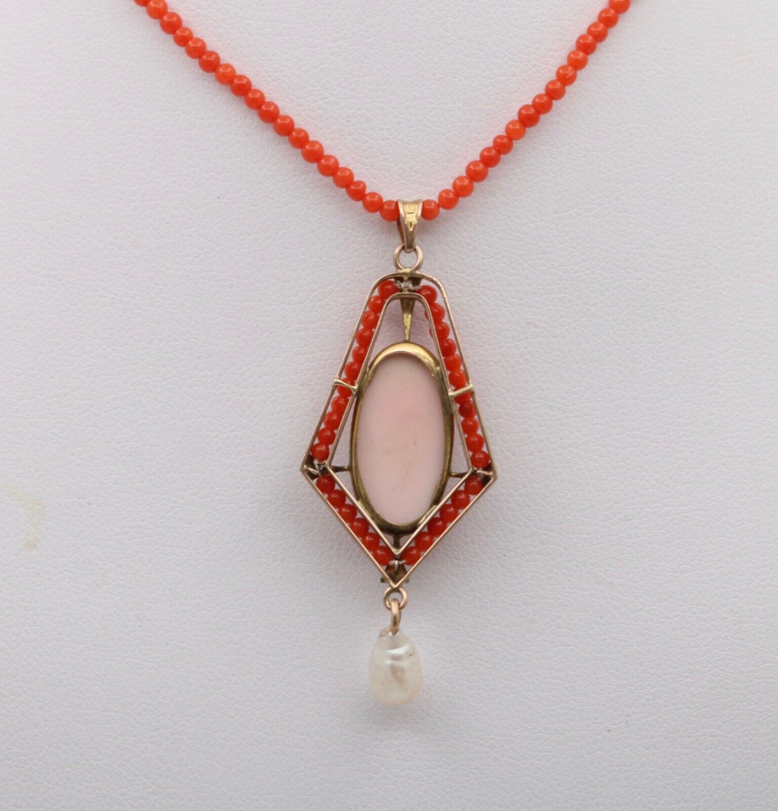 Vintage Coral Cameo Enamel Yellow Gold Pendant Necklace