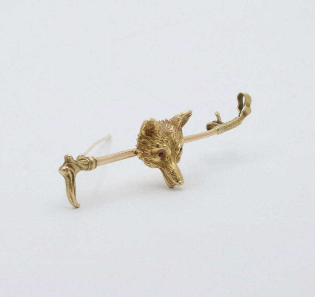 Vintage 14K Yellow Gold Fox Head & Whip Bar Pin