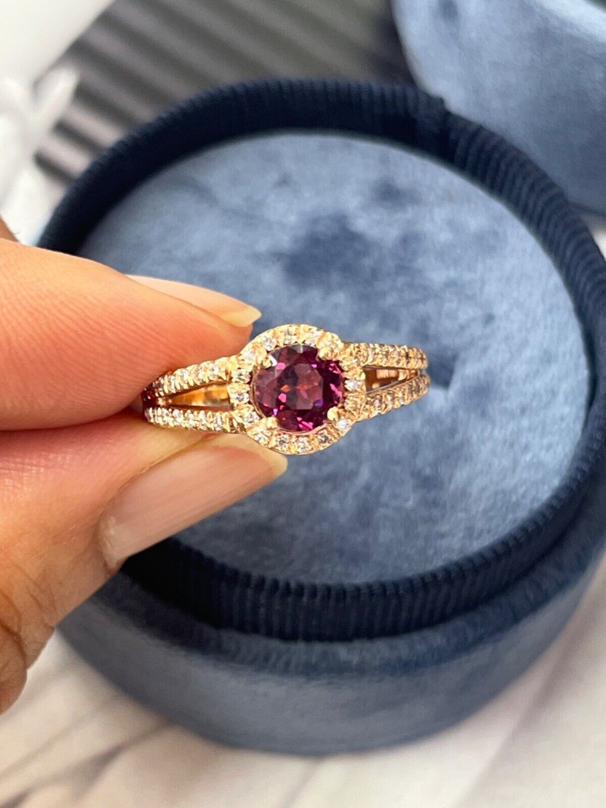 Vintage 14K Rose Gold Rhodolite Garnet Diamond Ring