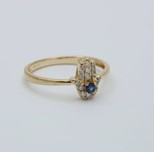 Load image into Gallery viewer, Vintage 10K Yellow Gold Diamond &amp; Sapphire Hamsa Ring
