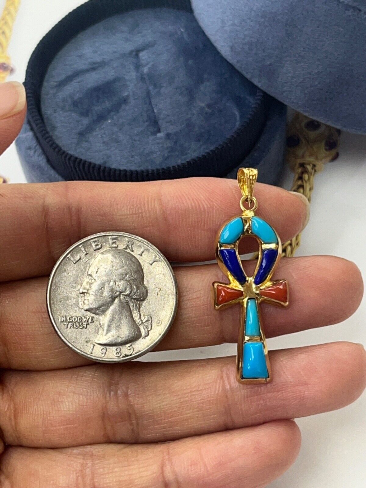 Vintage Egyptian Ankh Cross Key Of Life 18K Yellow Gold Lapis Lari Coral Pendant
