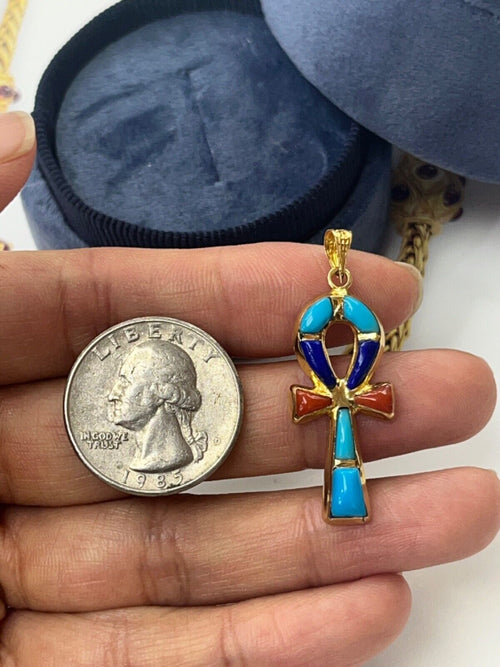 Vintage Egyptian Ankh Cross Key Of Life 18K Yellow Gold Lapis Lari Coral Pendant