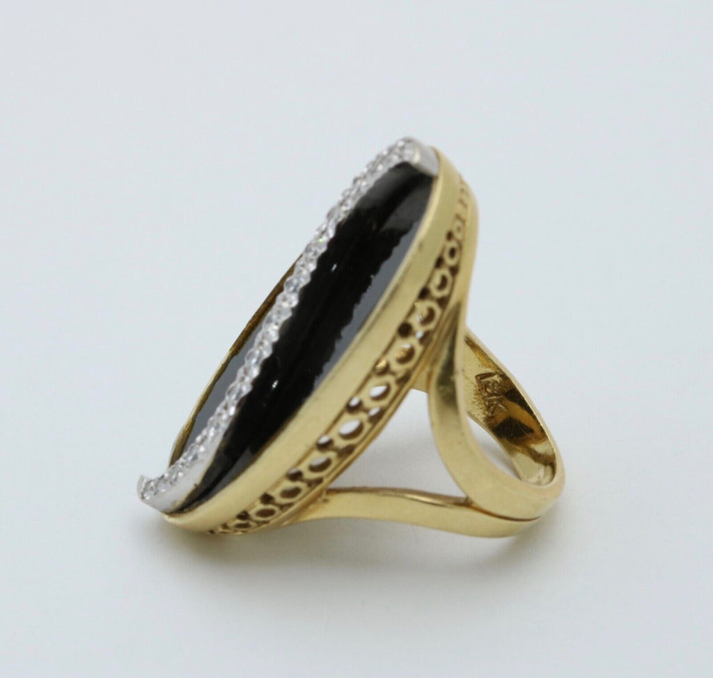 Vintage Statement Diamonds Black Onyx 18K Yellow and White Gold Ring