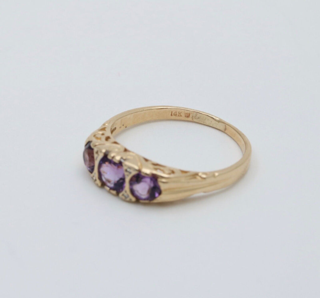 Victorian 14K Yellow Gold Three Stones Amethyst  & diamond Ring