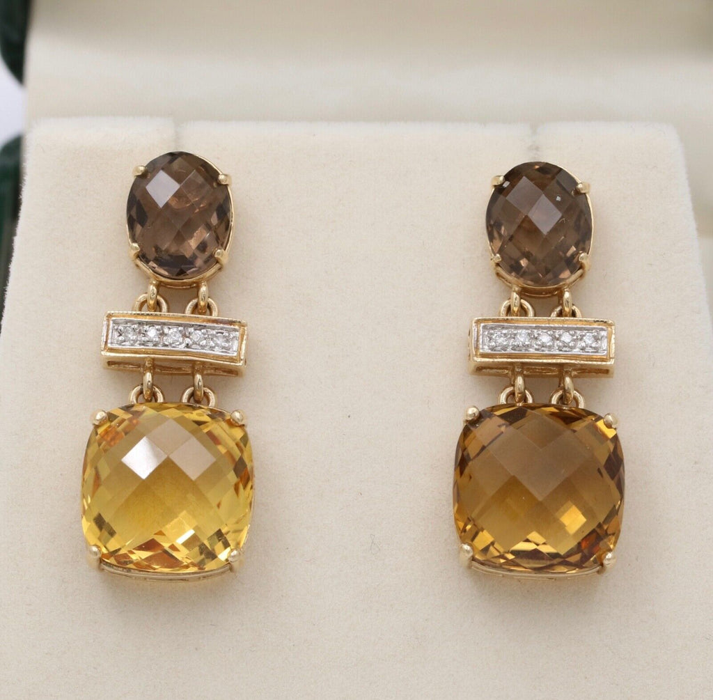 Vintage Citrine Amethyst Diamond 14K Yellow Gold Dangle Earrings