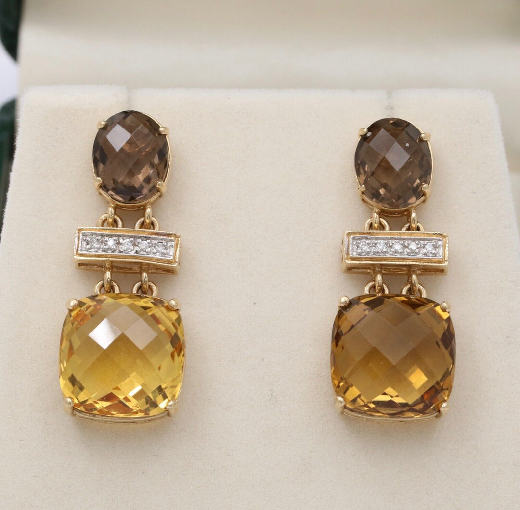 Vintage Citrine Amethyst Diamond 14K Yellow Gold Dangle Earrings