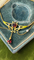 Art Nouveau 14K Yellow Gold Garnet & Pearl Enamel Festoon Necklace.