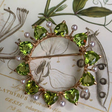 Load image into Gallery viewer, Vintage Heart Cut Peridot Pearls 14K Yellow Gold Brooch Pin
