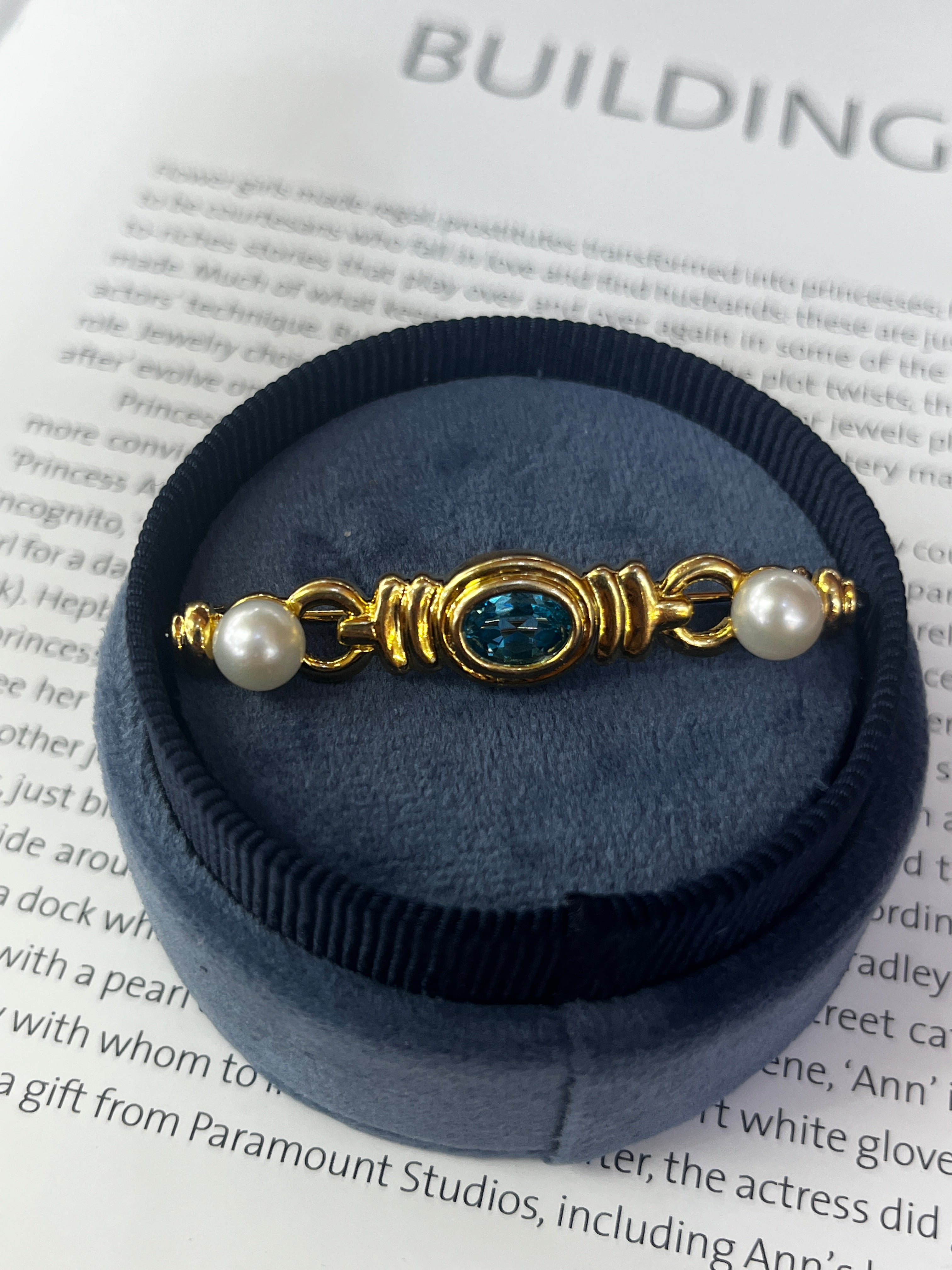 Vintage 14K Yellow Gold Pearl & Blue Zircon Bar Pin