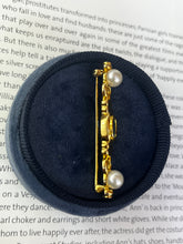Load image into Gallery viewer, Vintage 14K Yellow Gold Pearl &amp; Blue Zircon Bar Pin
