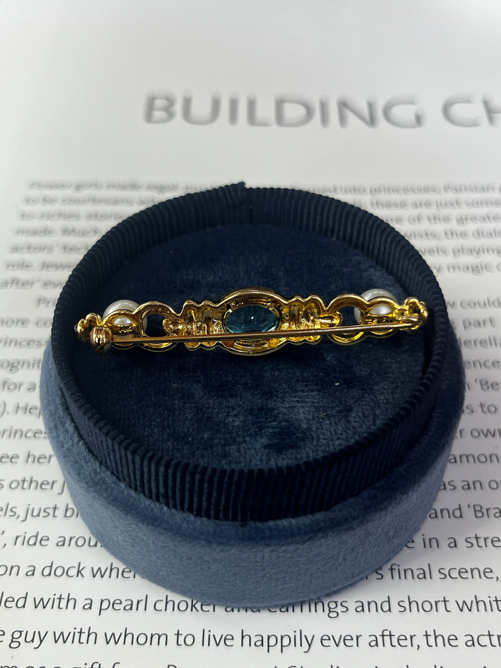 Vintage 14K Yellow Gold Pearl & Blue Zircon Bar Pin