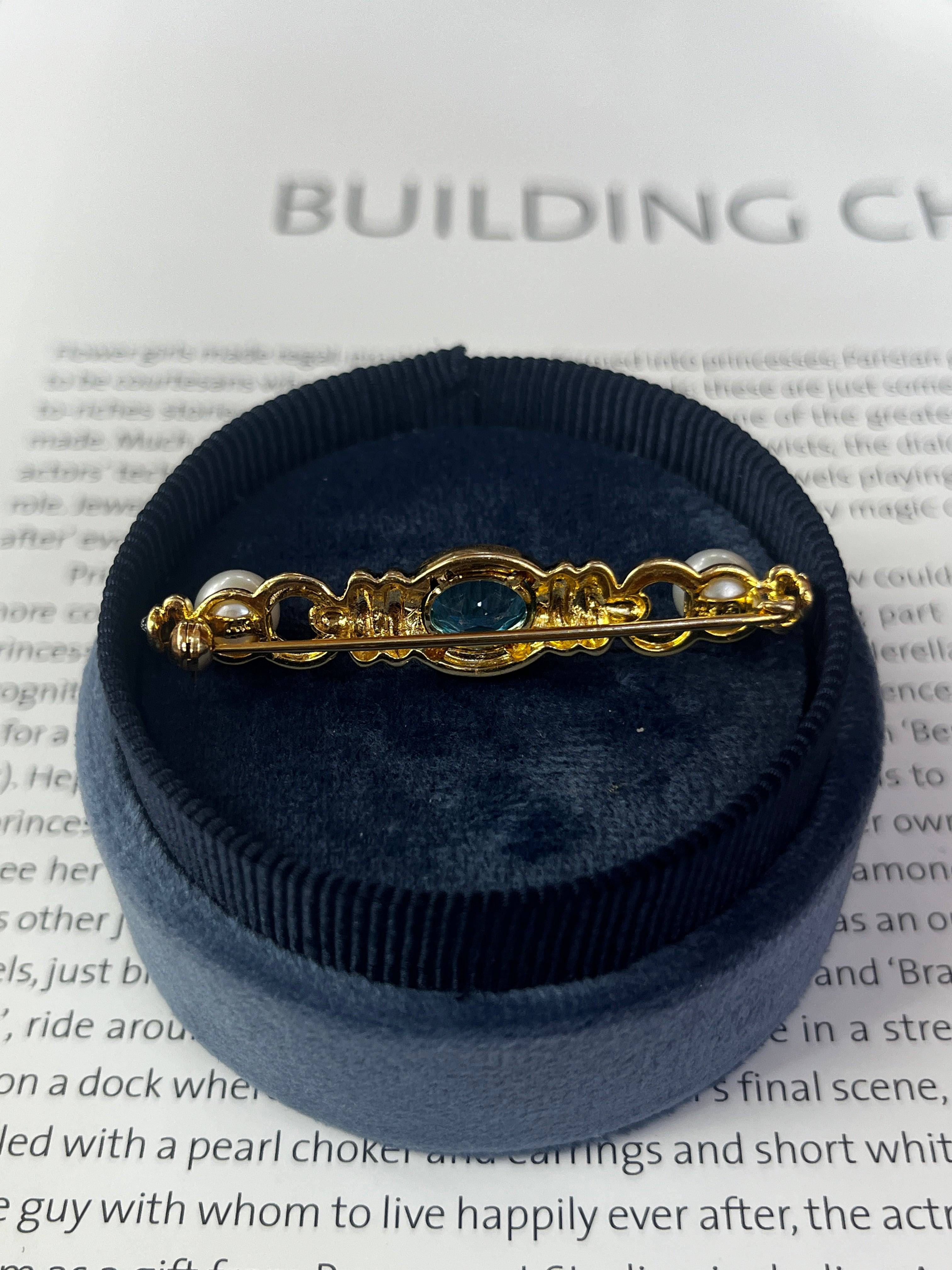 Vintage 14K Yellow Gold Pearl & Blue Zircon Bar Pin