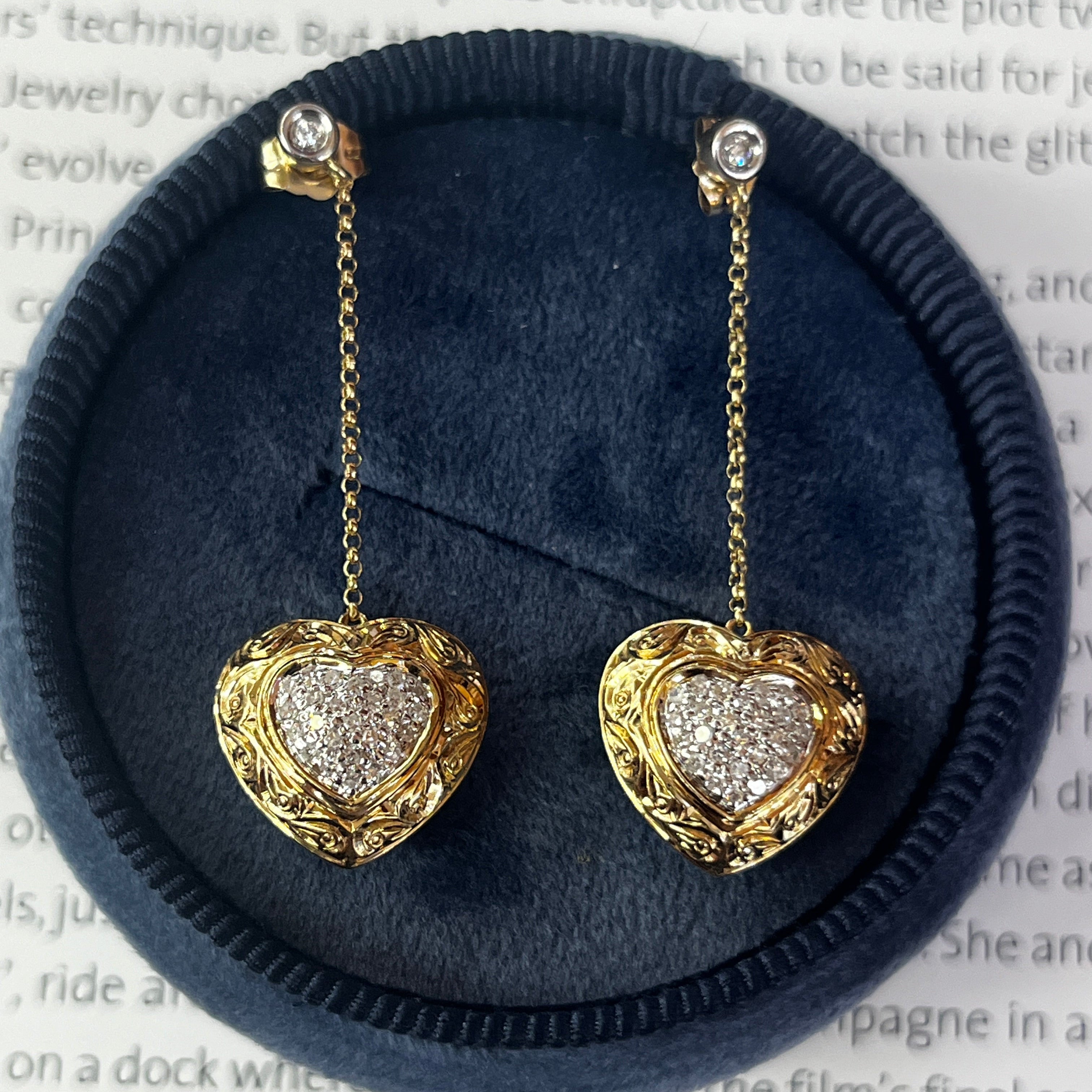 Vintage 14K Yellow Gold  & White Gold Puffed Heart Dangling Earrings.