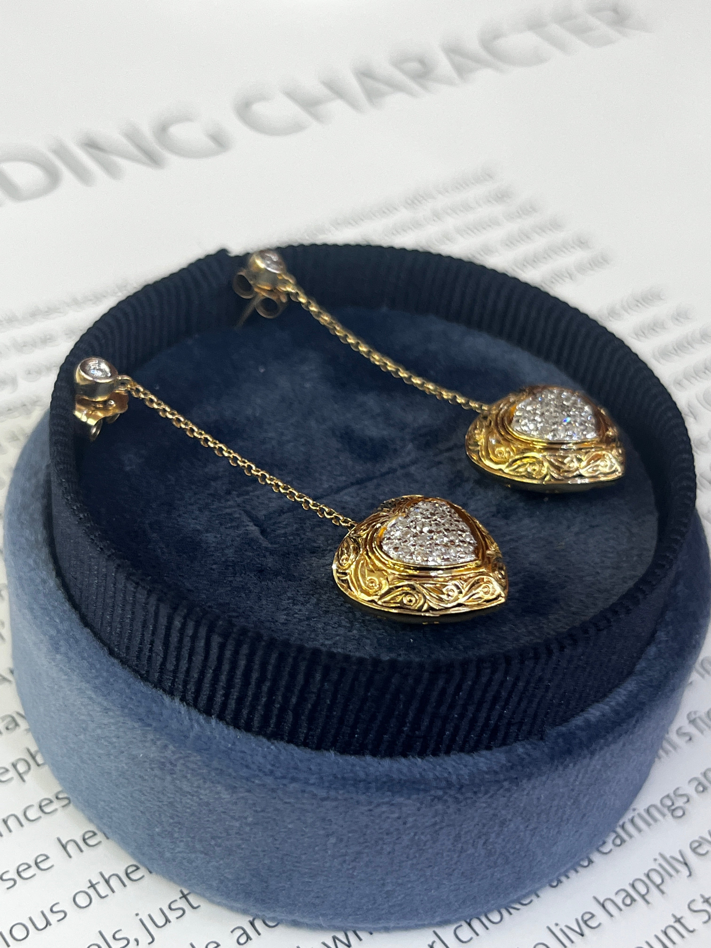 Vintage 14K Yellow Gold  & White Gold Puffed Heart Dangling Earrings.