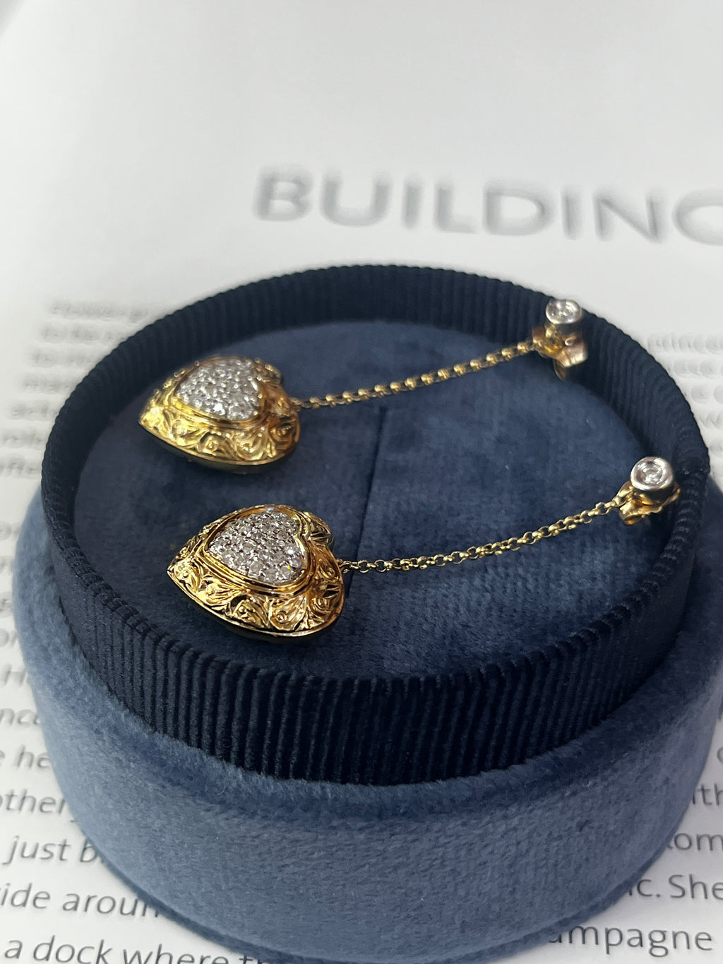 Vintage 14K Yellow Gold  & White Gold Puffed Heart Dangling Earrings.