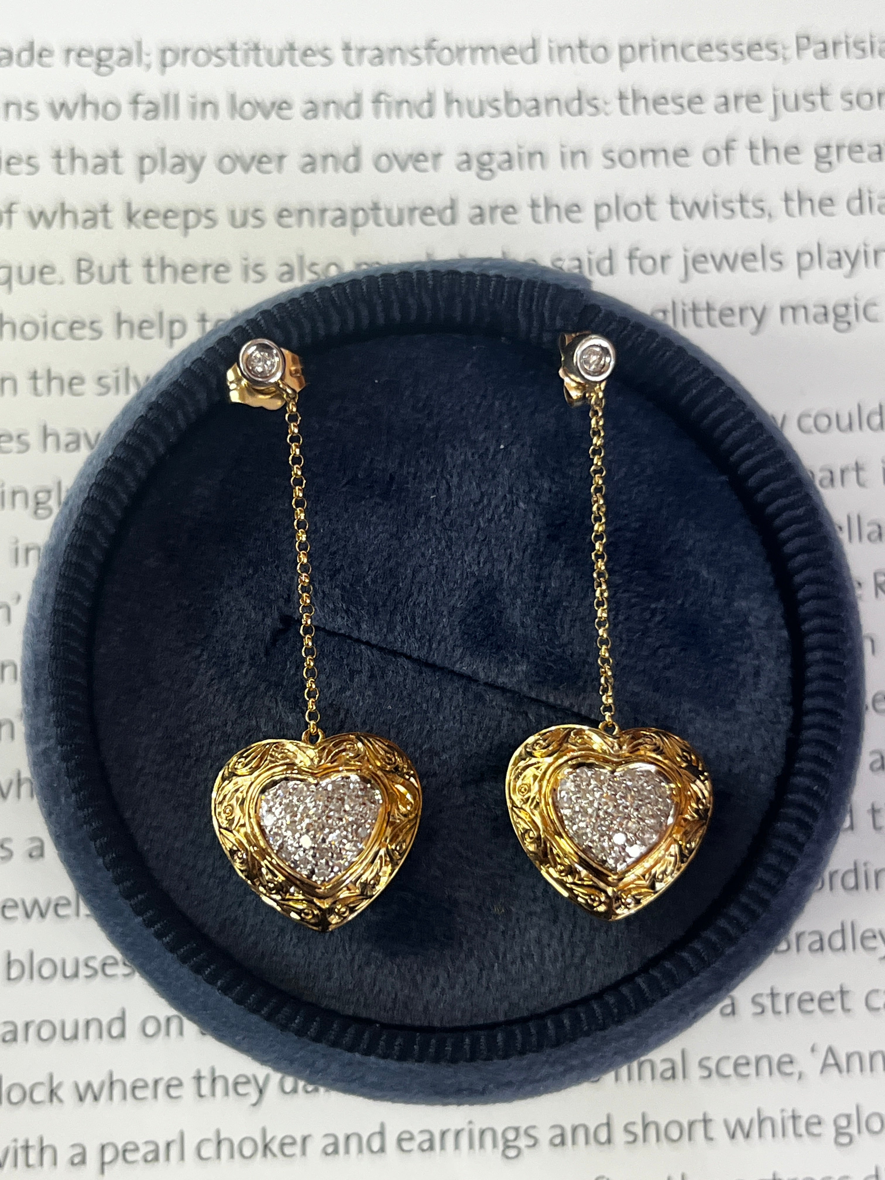 Vintage 14K Yellow Gold  & White Gold Puffed Heart Dangling Earrings.