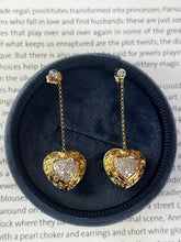 Load image into Gallery viewer, Vintage 14K Yellow Gold  &amp; White Gold Puffed Heart Dangling Earrings.
