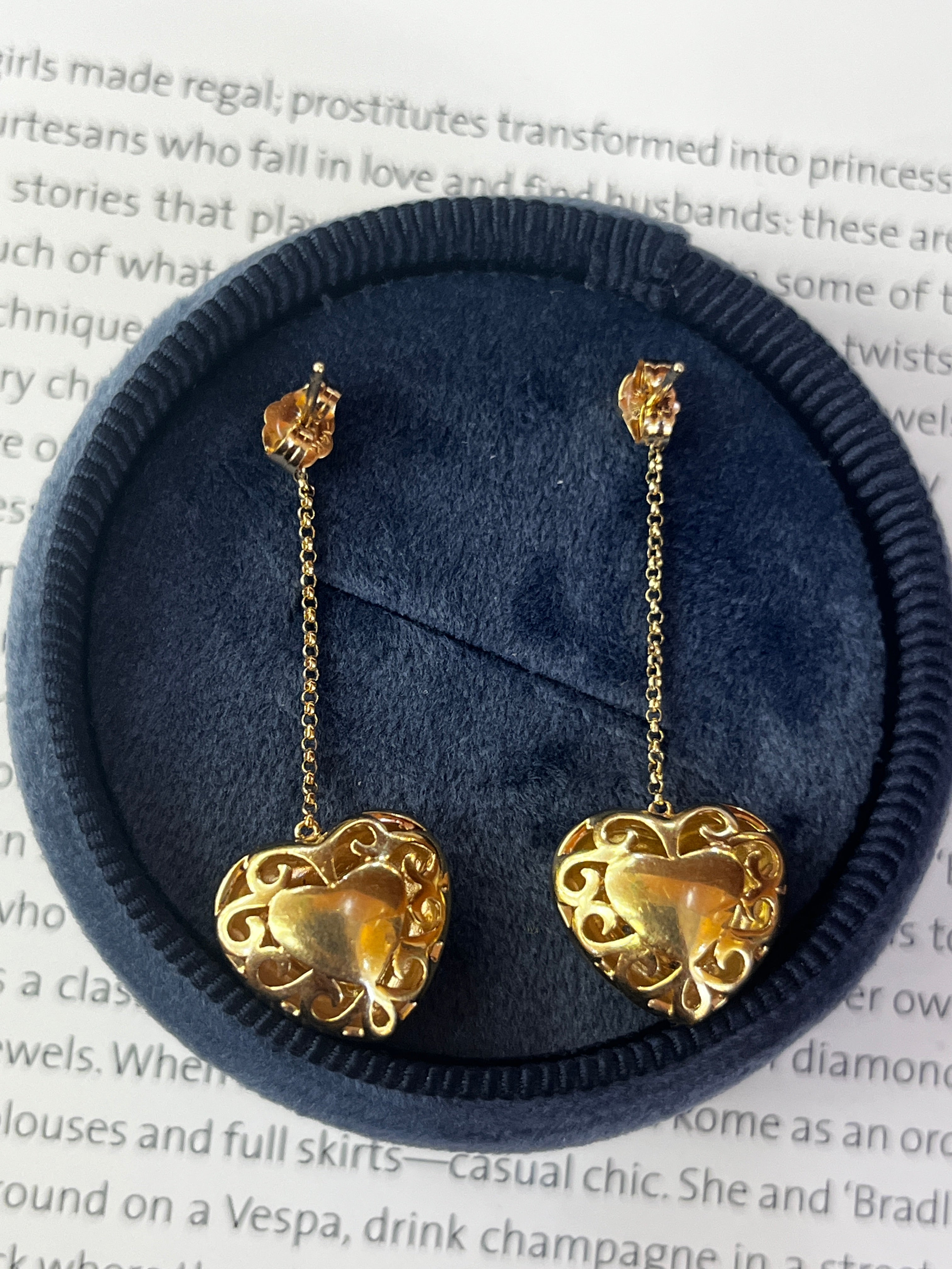 Vintage 14K Yellow Gold  & White Gold Puffed Heart Dangling Earrings.