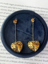 Load image into Gallery viewer, Vintage 14K Yellow Gold  &amp; White Gold Puffed Heart Dangling Earrings.
