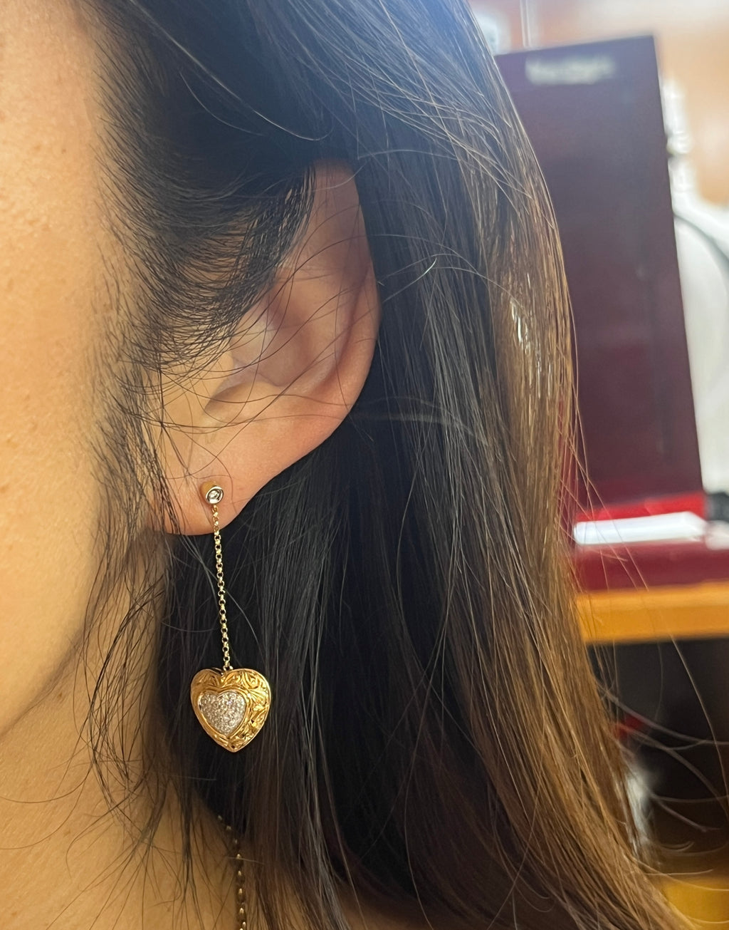 Vintage 14K Yellow Gold  & White Gold Puffed Heart Dangling Earrings.