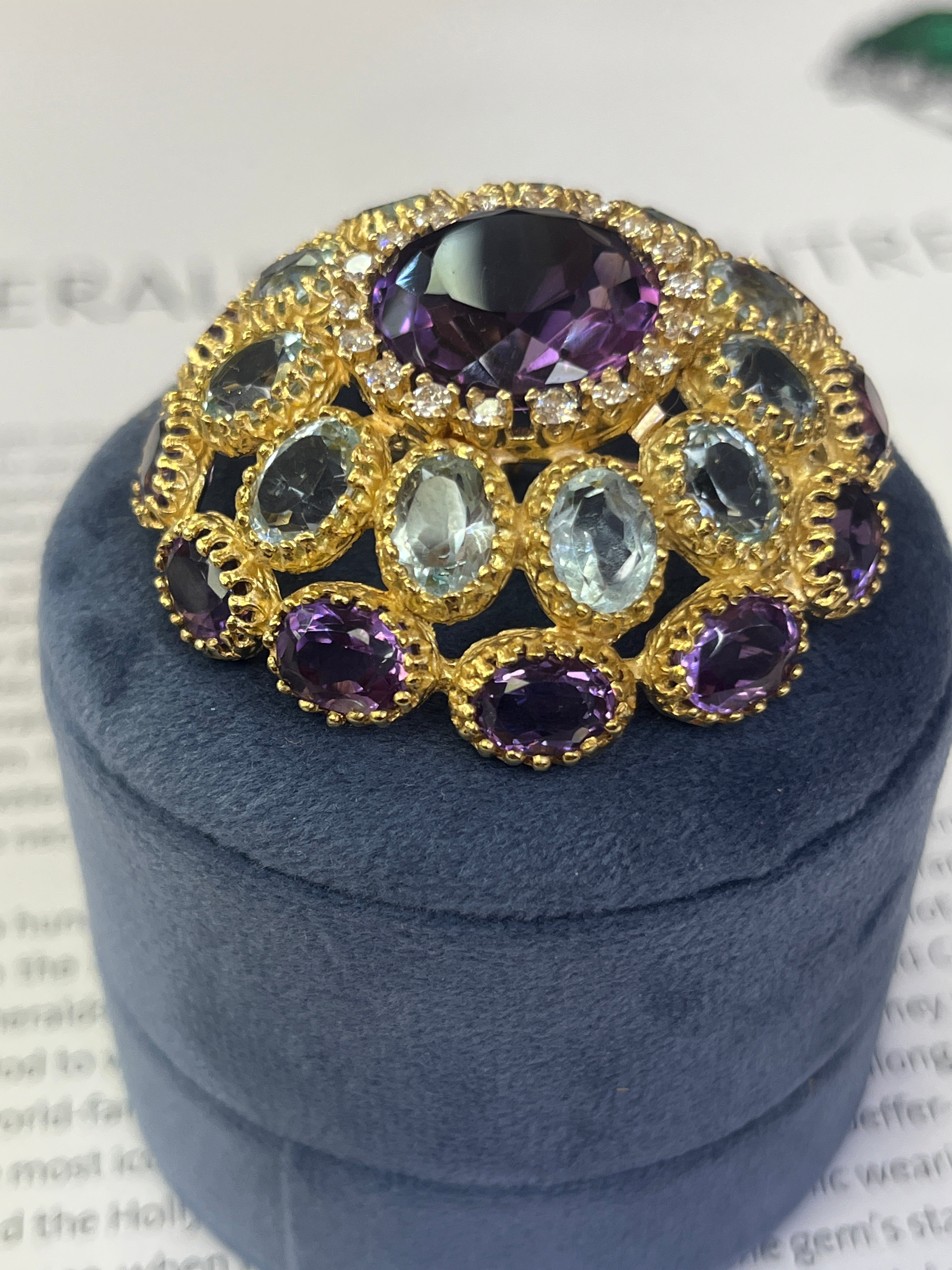 Midcentury Amethyst Aquamarine And Diamonds Dome 18K Gold Brooch Pendant