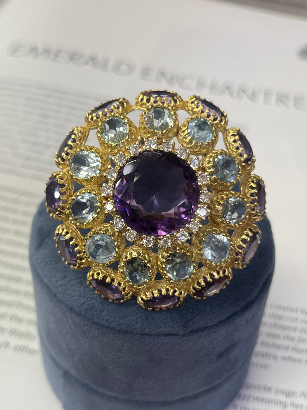Midcentury Amethyst Aquamarine And Diamonds Dome 18K Gold Brooch Pendant