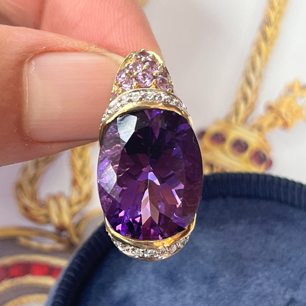 Vintage 10K Yellow Gold Amethyst And Diamond Pendant