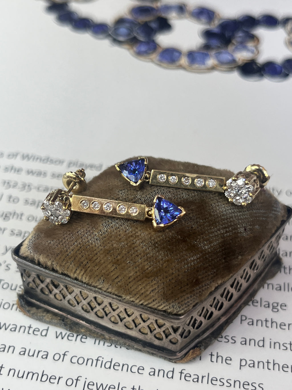 Vintage 14K Yellow Gold Tanzanite & Diamond Dangling Earrings