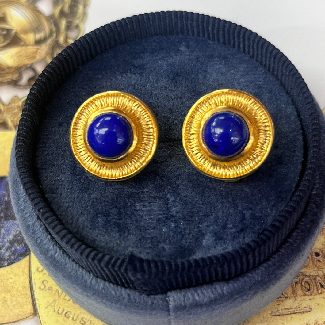 Vintage 18K Yellow Gold Lapis Lazuli Clip Earrings.