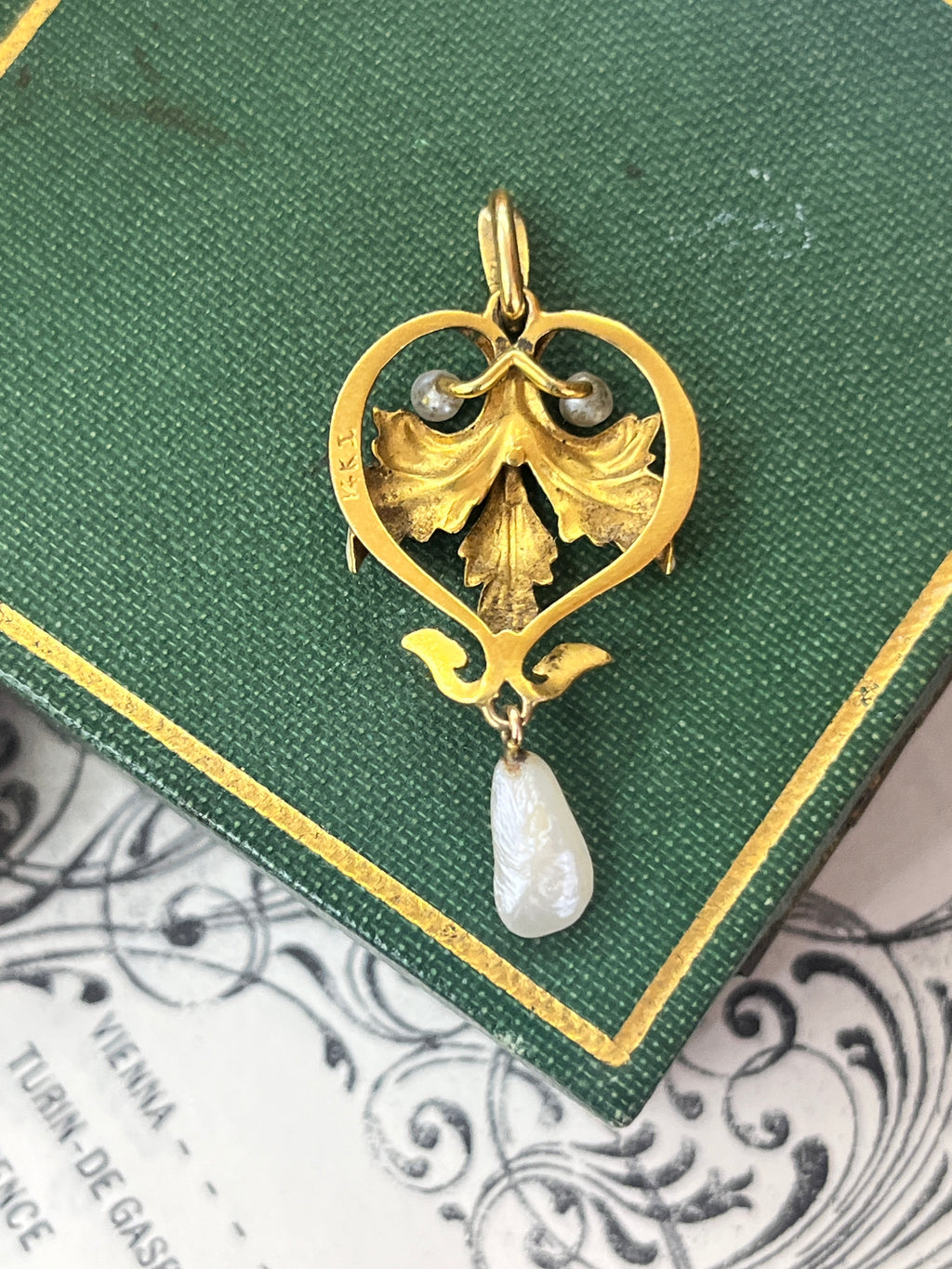 Antique Art Nouveau Krementz Enamel Ivy Leaf 14K Yellow Gold Pearl Pendant.