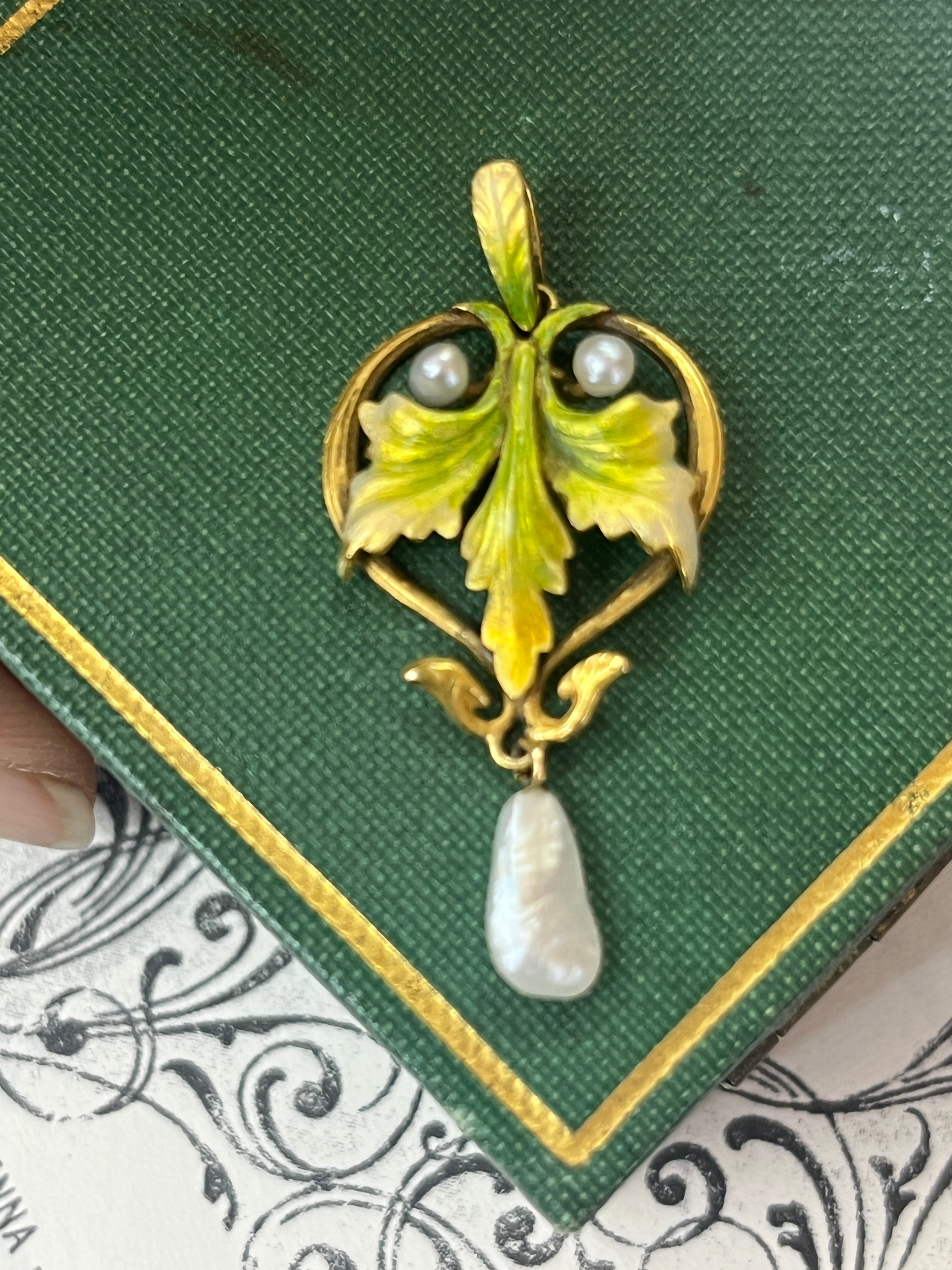 Antique Art Nouveau Krementz Enamel Ivy Leaf 14K Yellow Gold Pearl Pendant.