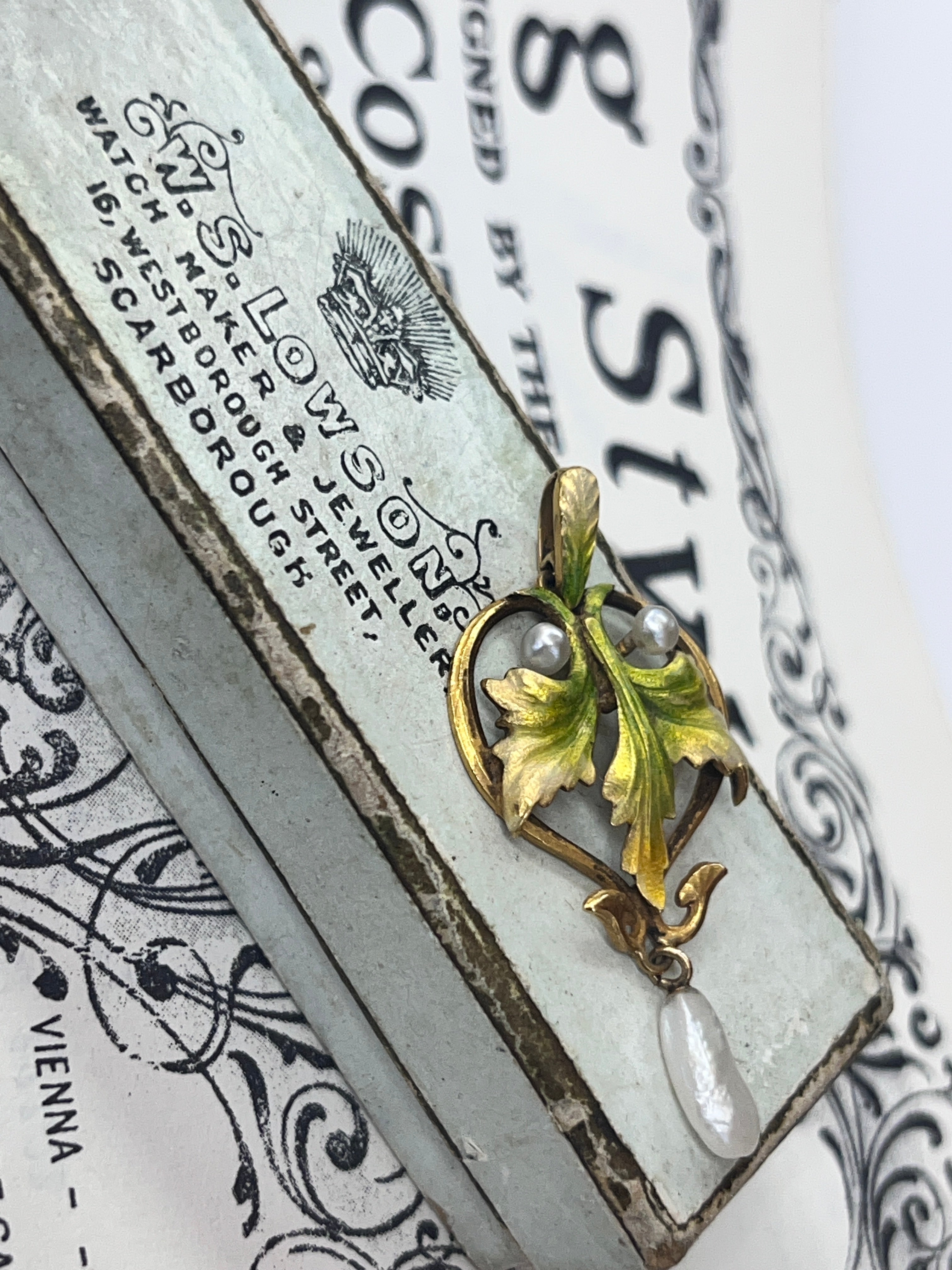 Antique Art Nouveau Krementz Enamel Ivy Leaf 14K Yellow Gold Pearl Pendant.