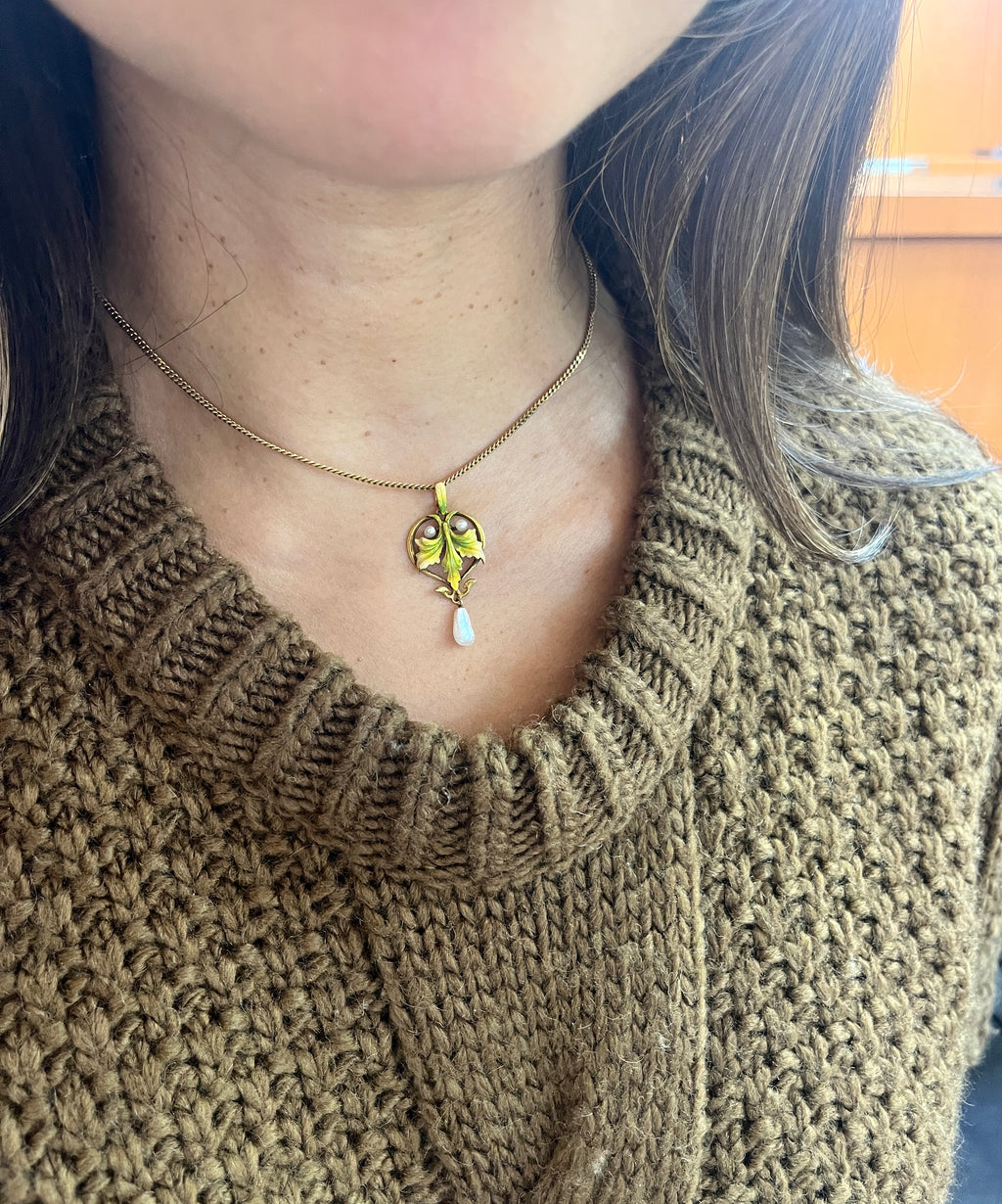 Antique Art Nouveau Krementz Enamel Ivy Leaf 14K Yellow Gold Pearl Pendant.