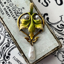 Load image into Gallery viewer, Antique Art Nouveau Krementz Enamel Ivy Leaf 14K Yellow Gold Pearl Pendant.
