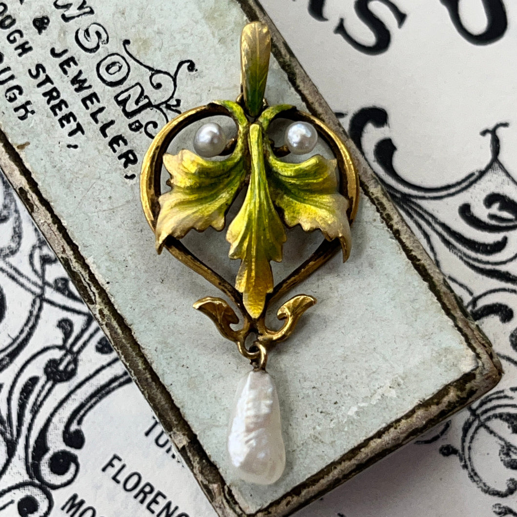 Antique Art Nouveau Krementz Enamel Ivy Leaf 14K Yellow Gold Pearl Pendant.
