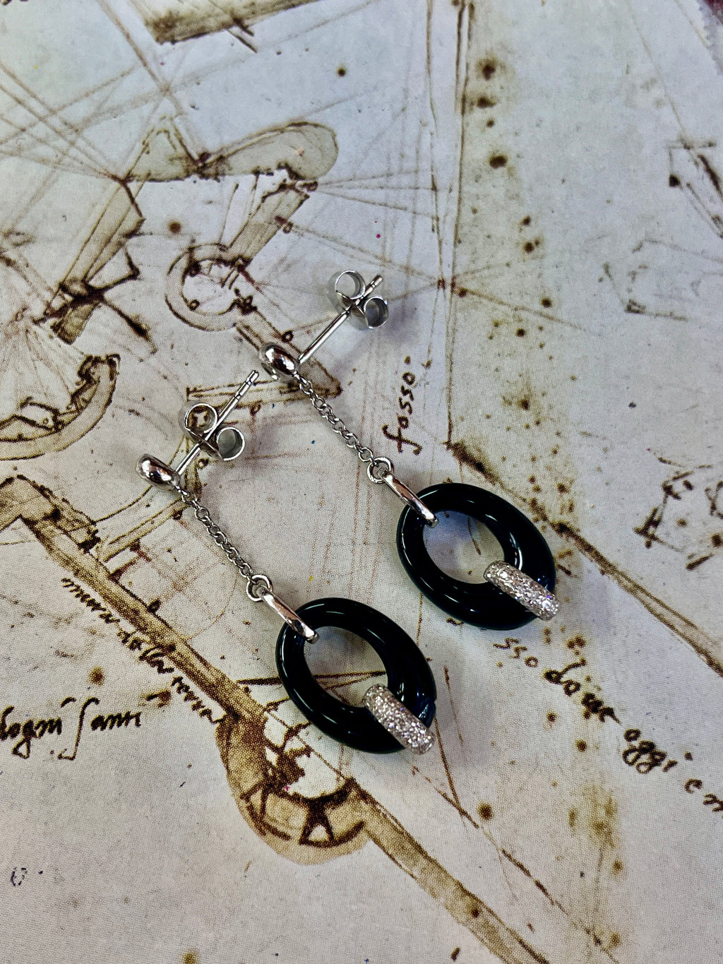 Vintage 14K White Gold Onyx Diamond Dangling Earrings