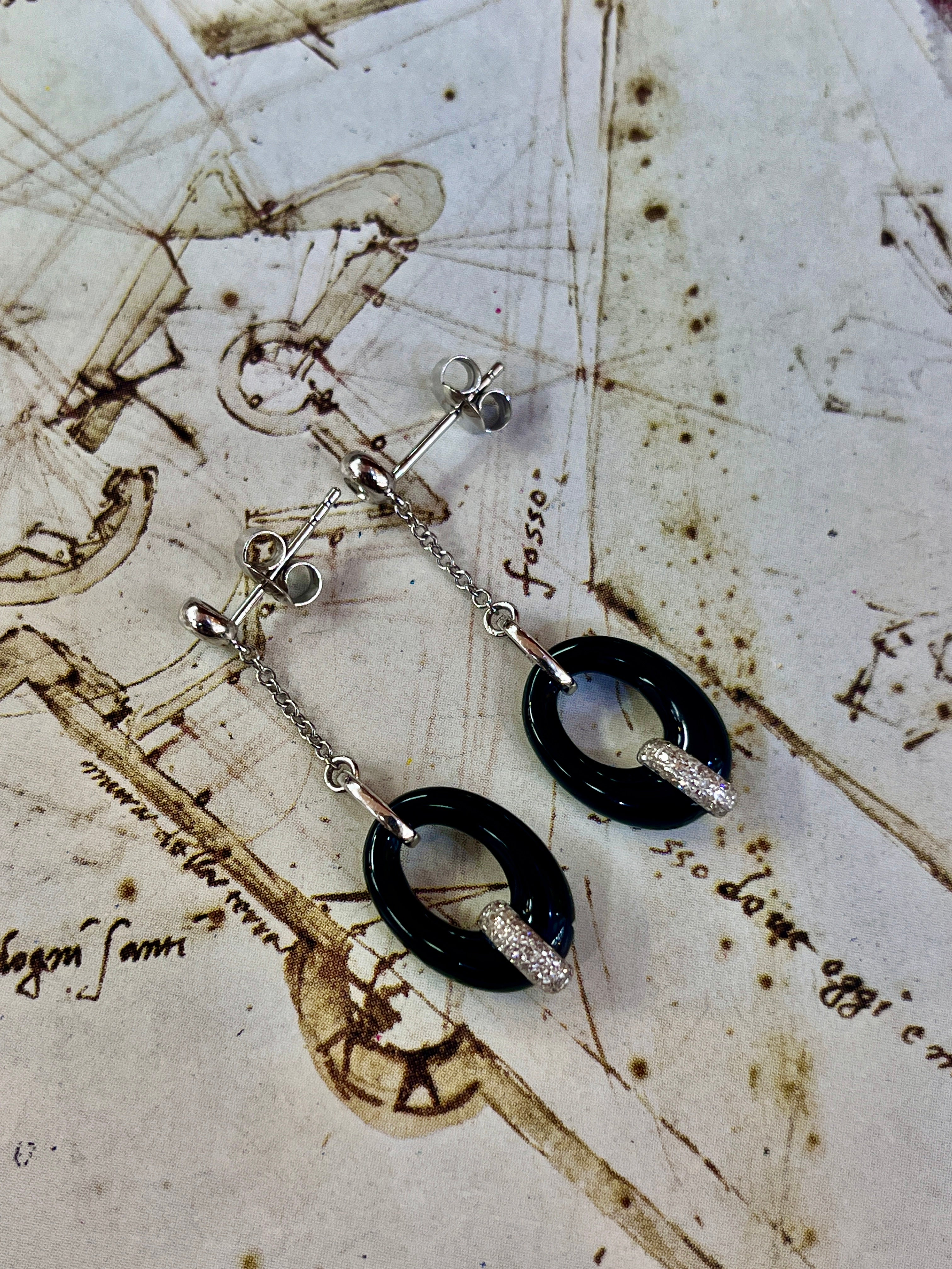 Vintage 14K White Gold Onyx Diamond Dangling Earrings
